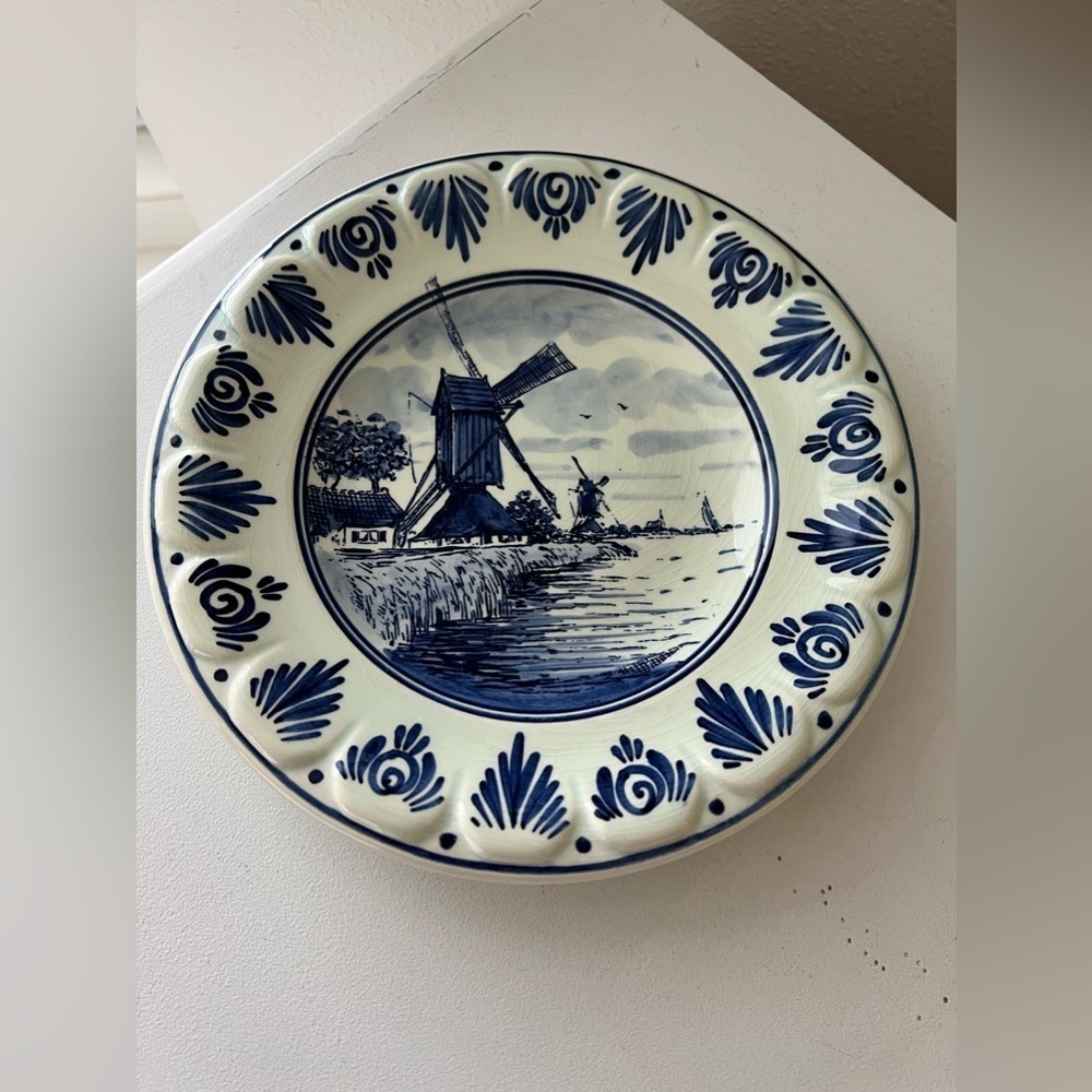 Delfts Hanging Plate Belgium Blue Windmill Holland 9” Collectible Hand Painted